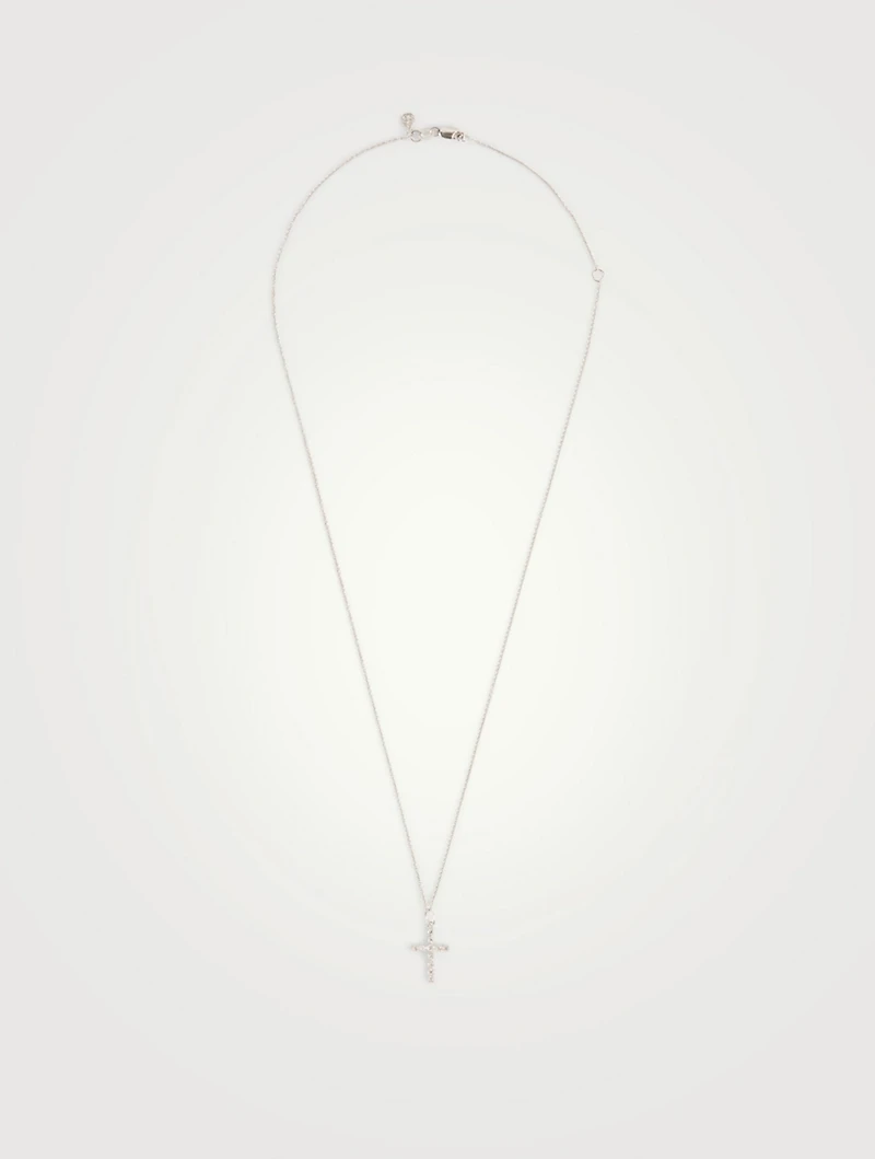 14K White Gold Small Diamond Cross Necklace With Diamonds