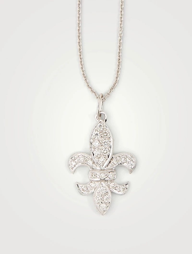 14K White Gold Medium Fleur De Lis Necklace With Diamonds