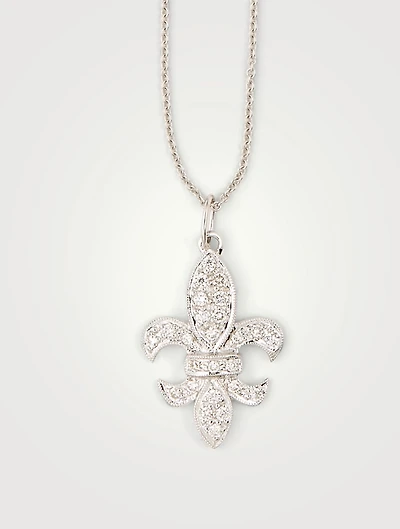 14K White Gold Medium Fleur De Lis Necklace With Diamonds