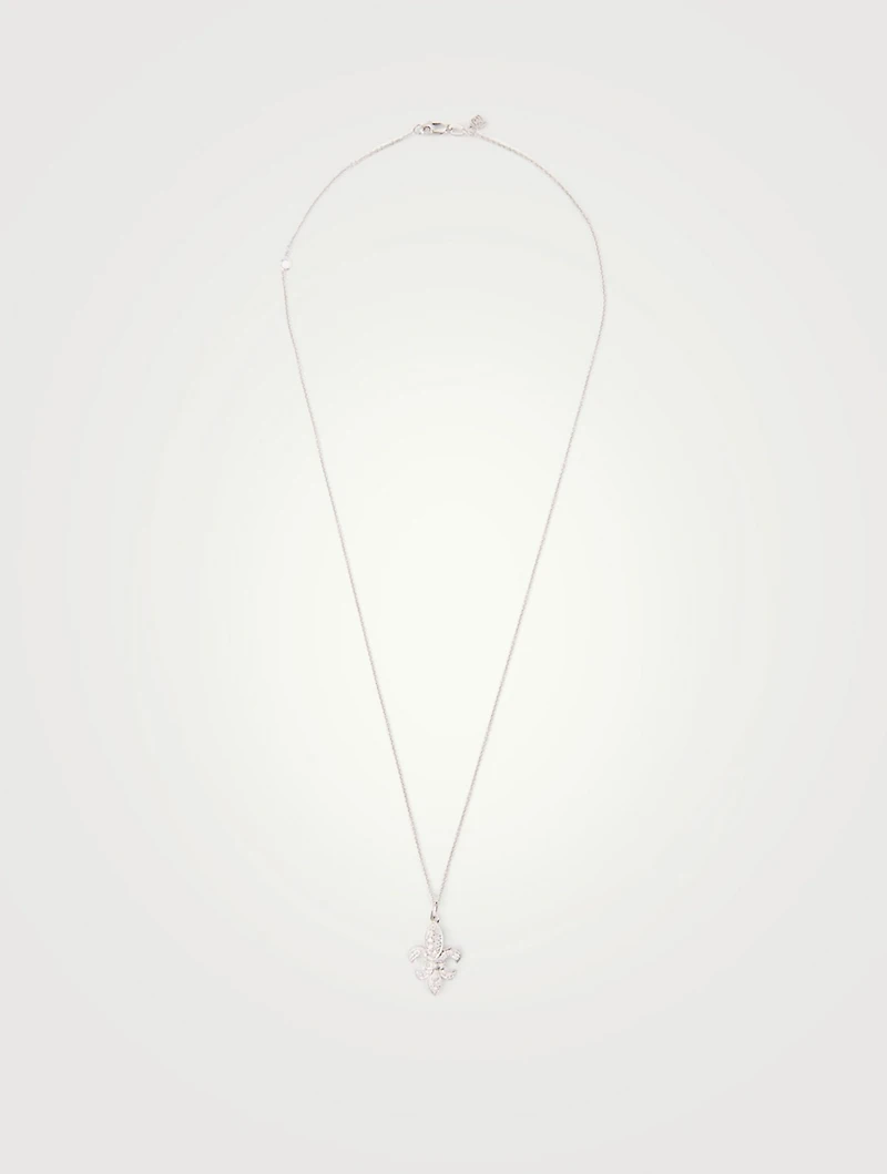 14K White Gold Medium Fleur De Lis Necklace With Diamonds