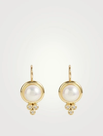 18K Gold Classic Pearl Earrings With Diamonds