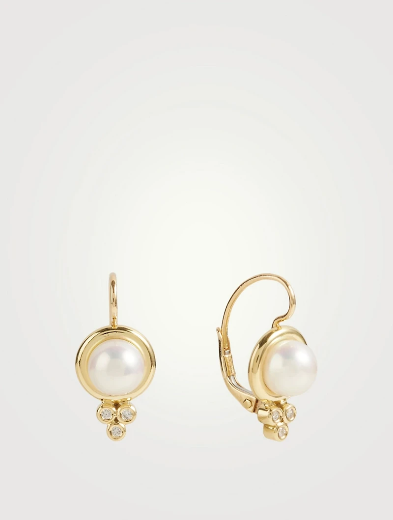 18K Gold Classic Pearl Earrings With Diamonds