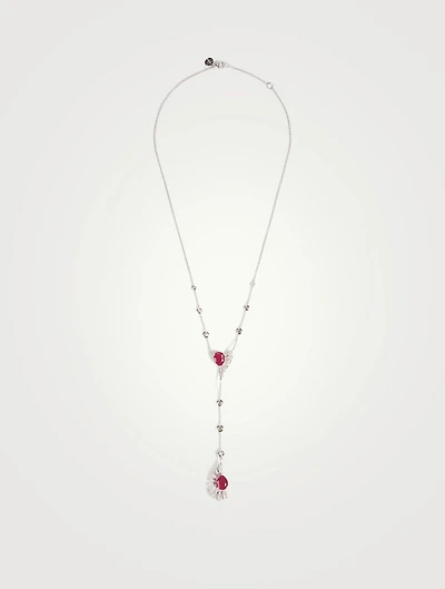 Labyrinth 18K White Gold Pendant Necklace With Diamonds and Rubies