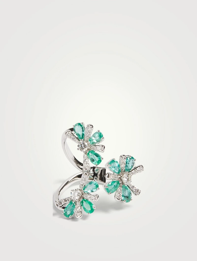 Botanica 18K White Gold Ring With Diamonds And Emerald