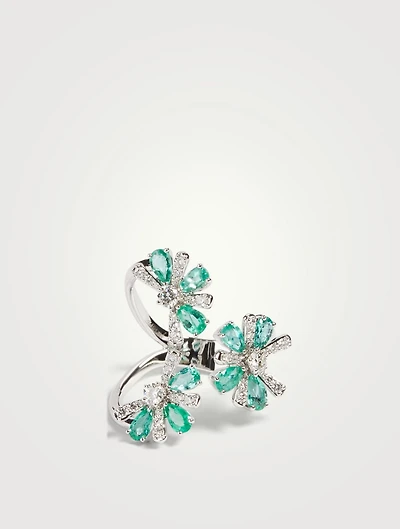 Botanica 18K White Gold Ring With Diamonds And Emerald