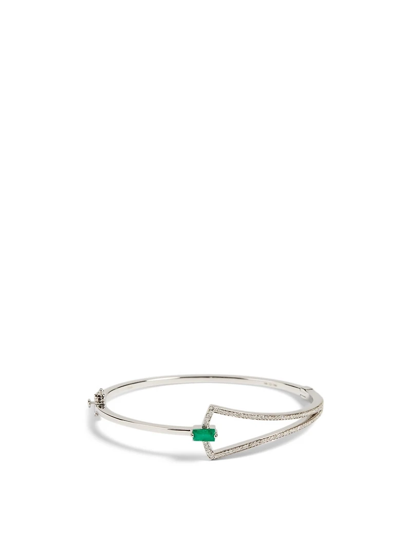 Spectrum 18K White Gold Bangle Bracelet With Diamonds And Emerald