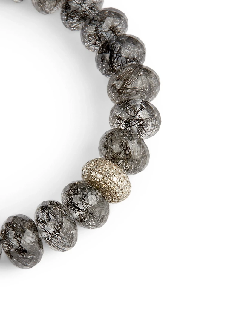 Black Tourmalinated Quartz Beaded Bracelet With Diamond Donut