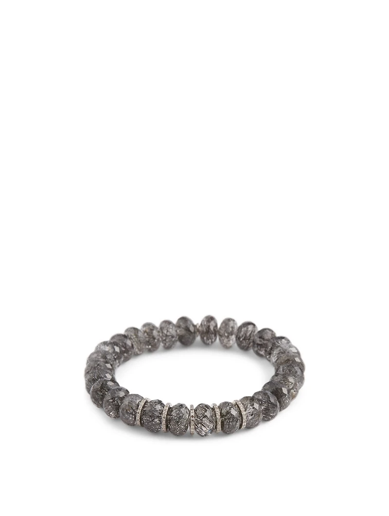 Beaded Black Tourmalinated Quartz Bracelet With Diamond Rondelles