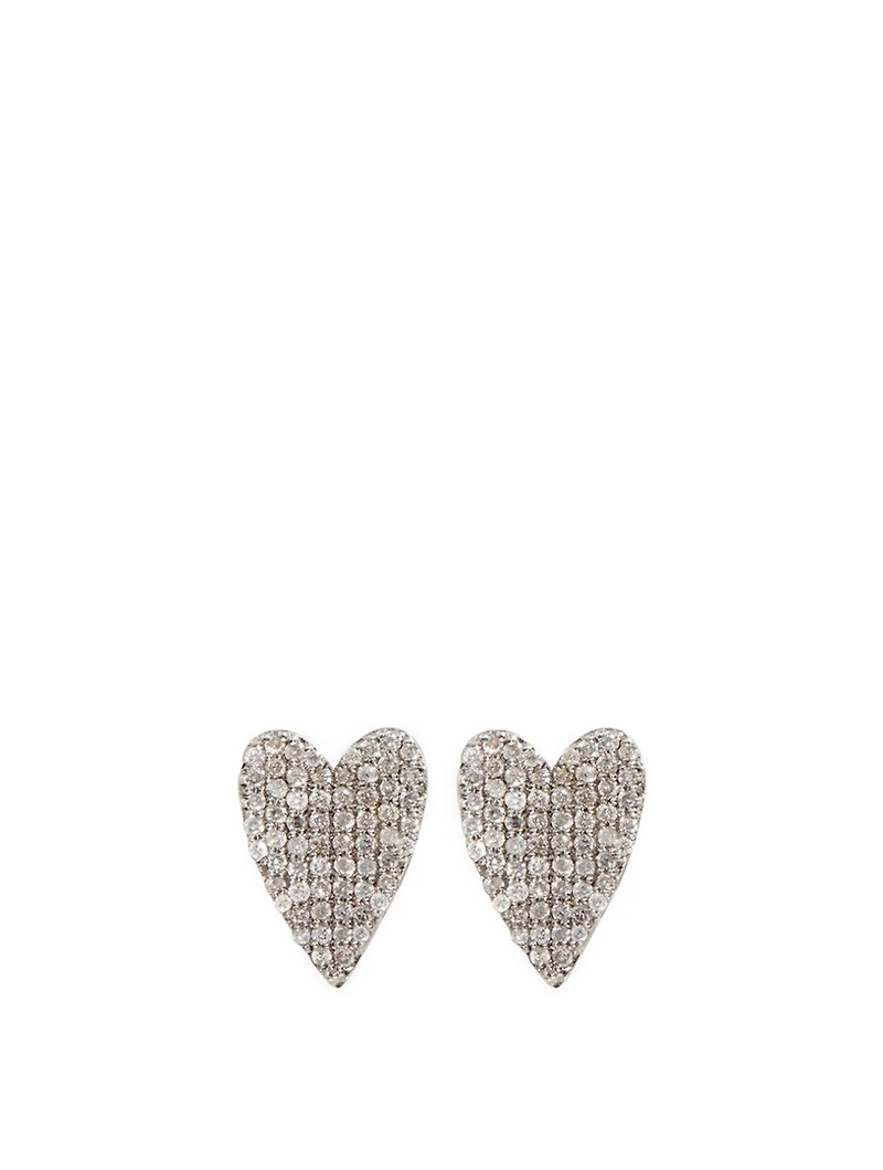 Silver Folded Heart Stud Earrings With Diamonds