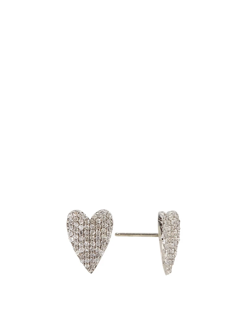 Silver Folded Heart Stud Earrings With Diamonds