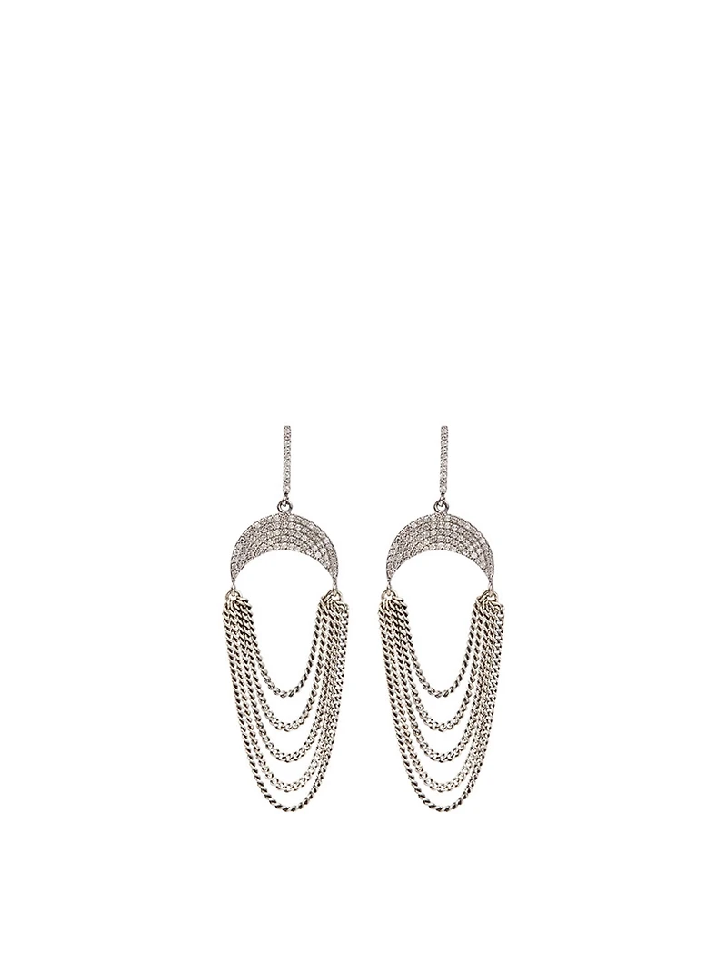 Silver Upside-Down Crescent Fringe Earrings With Diamonds