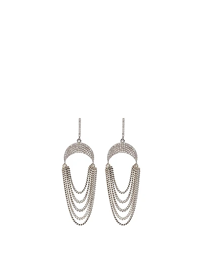 Silver Upside-Down Crescent Fringe Earrings With Diamonds