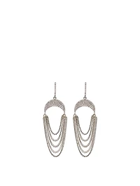 Silver Upside-Down Crescent Fringe Earrings With Diamonds