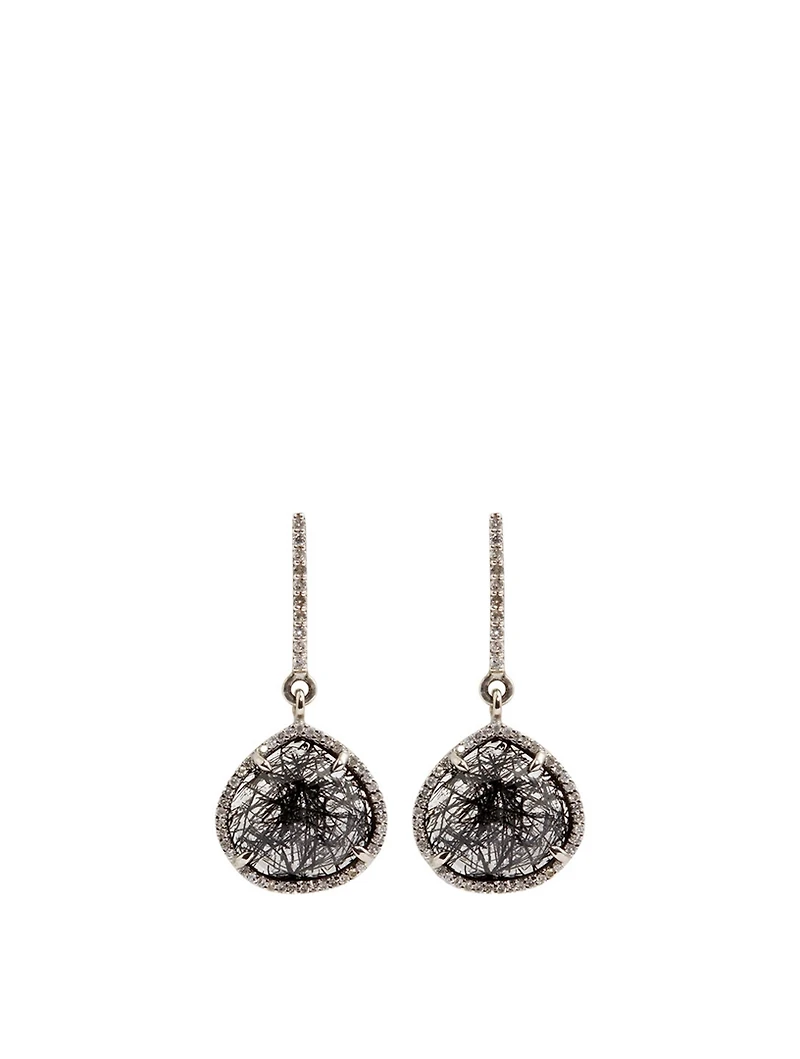 Small Silver Black Tourmalinated Quartz Teardrop Earrings With Diamonds