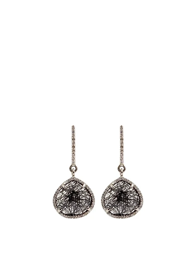 Small Silver Black Tourmalinated Quartz Teardrop Earrings With Diamonds