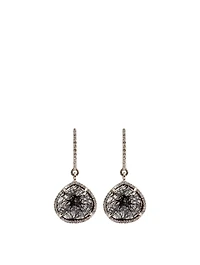 Small Silver Black Tourmalinated Quartz Teardrop Earrings With Diamonds