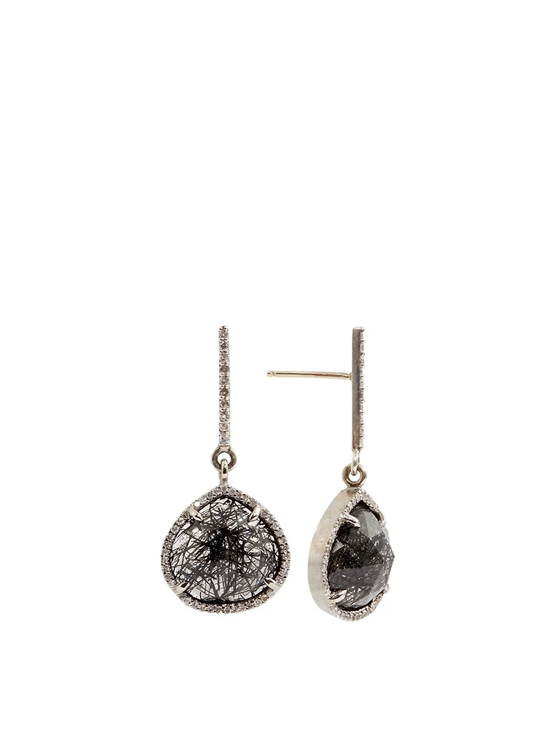 Small Silver Black Tourmalinated Quartz Teardrop Earrings With Diamonds