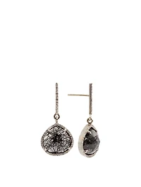 Small Silver Black Tourmalinated Quartz Teardrop Earrings With Diamonds
