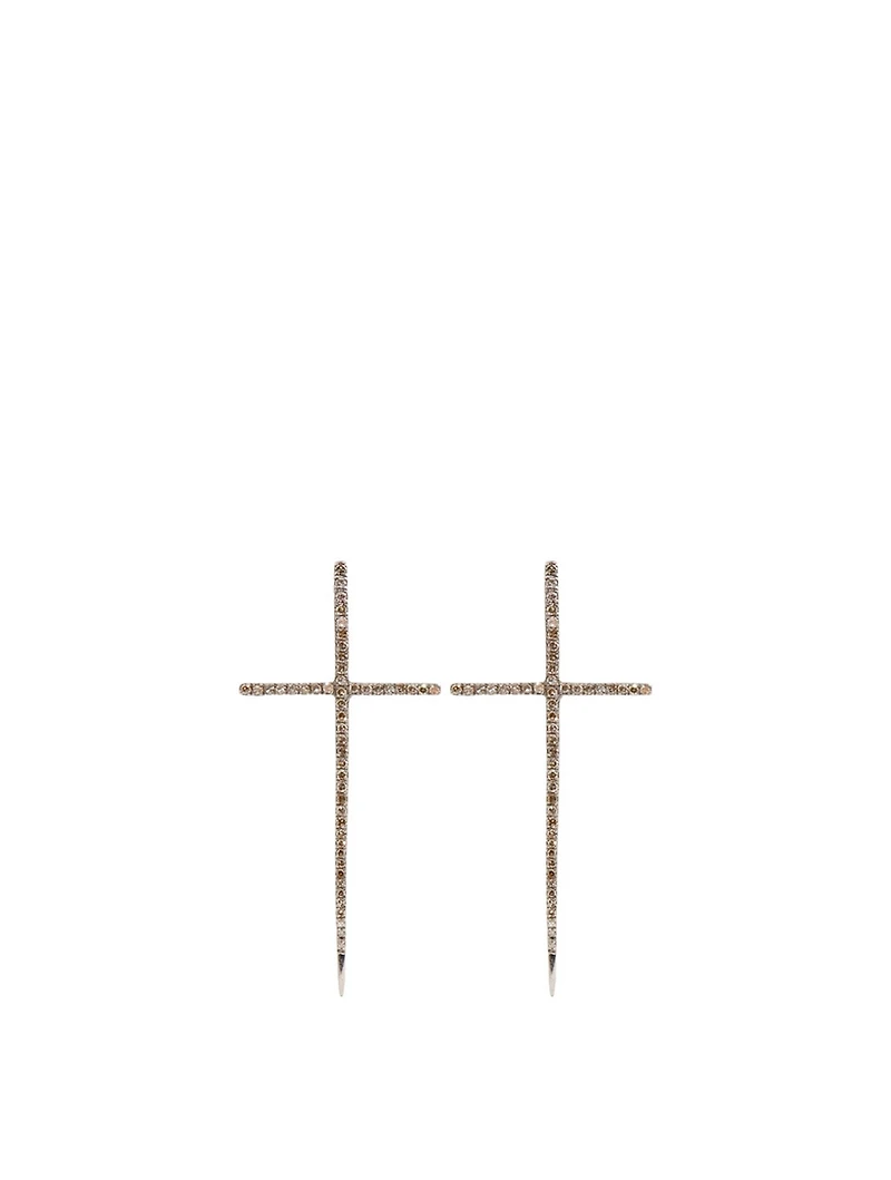 Silver Spike Cross Earrings With Diamonds