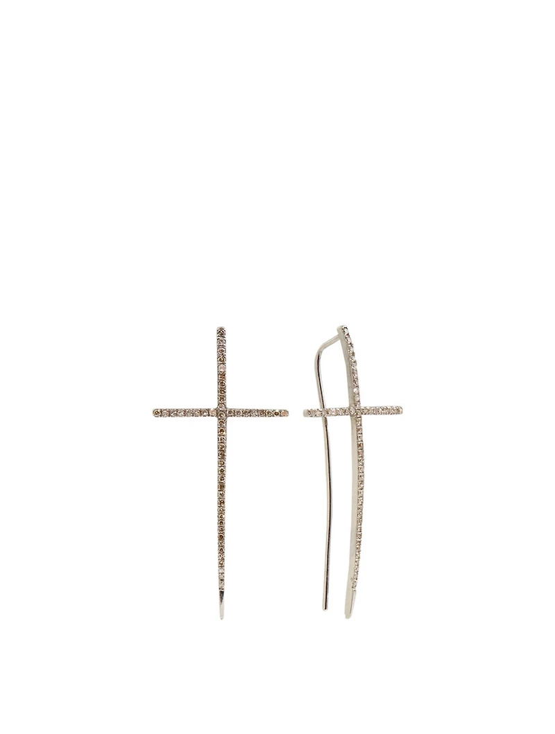 Silver Spike Cross Earrings With Diamonds