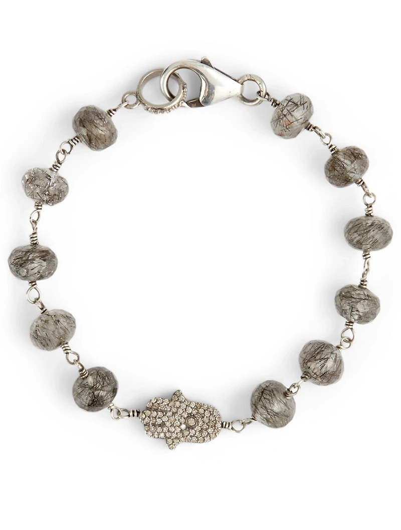 Beaded Black Rutilated Quartz Wire Wrap Bracelet With Diamond Hamsa Hand