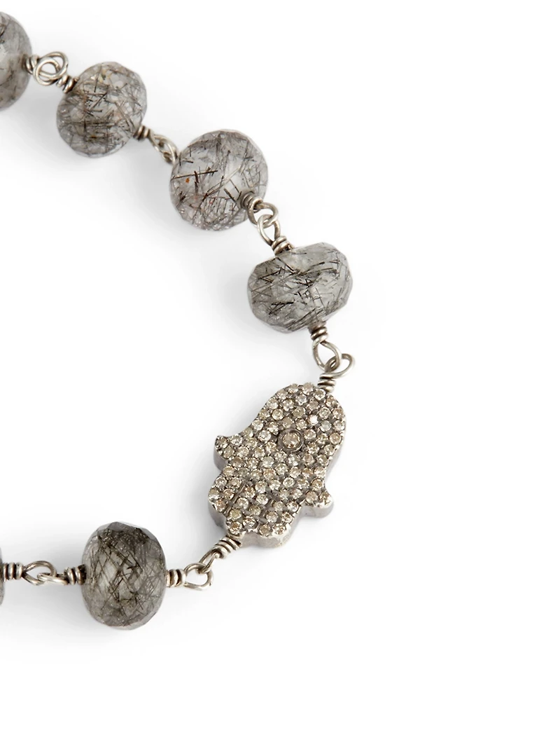 Beaded Black Rutilated Quartz Wire Wrap Bracelet With Diamond Hamsa Hand