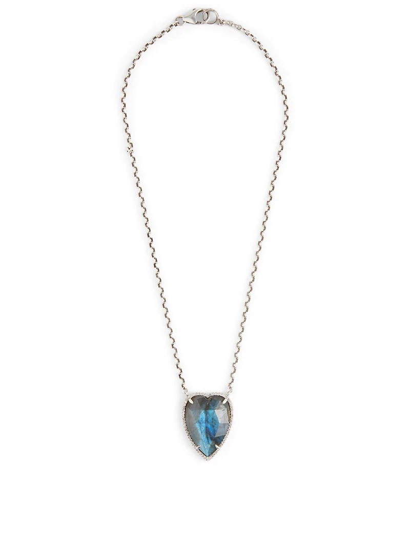 Silver Necklace With Labradorite And Diamond Heart Pendant