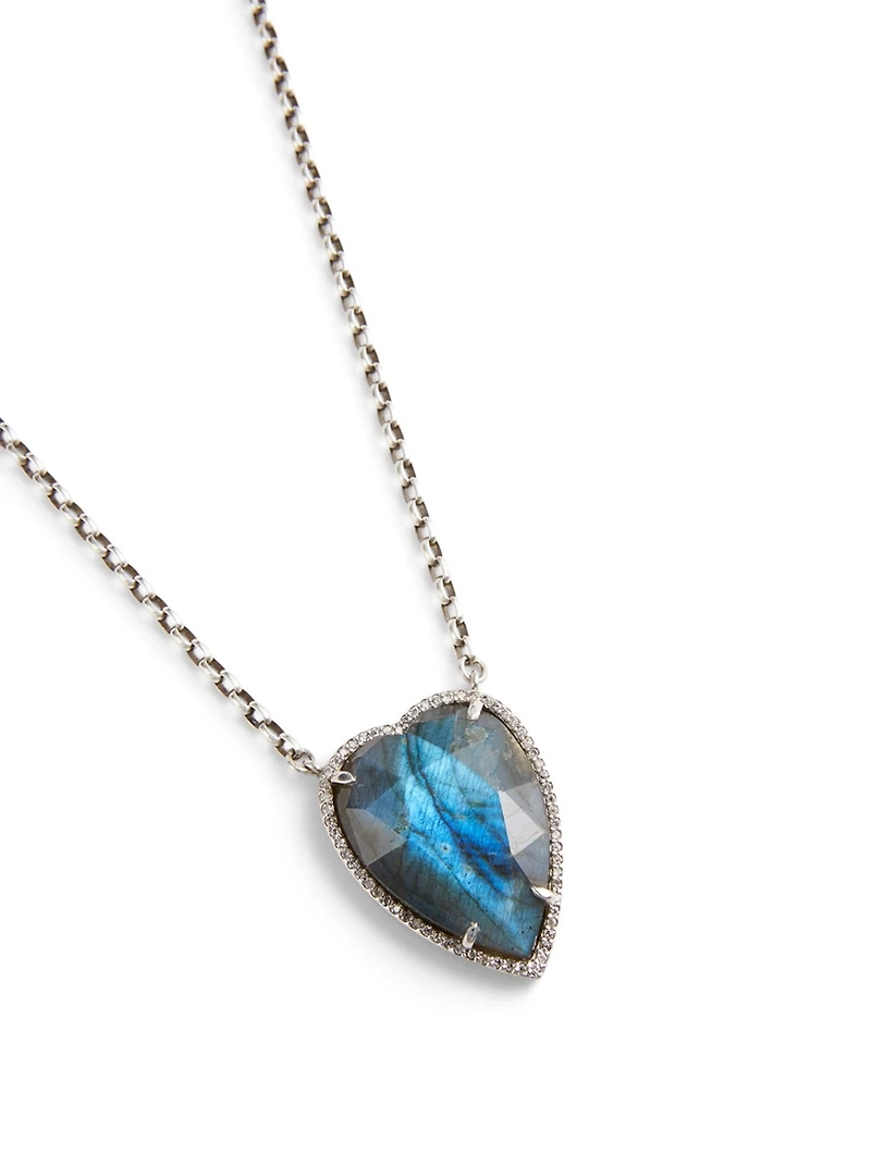 Silver Necklace With Labradorite And Diamond Heart Pendant