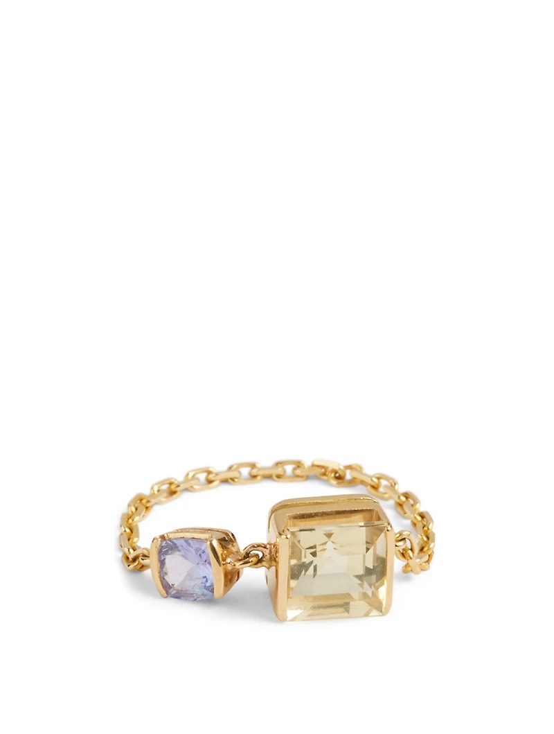 18K Gold Chain Ring With Lemon Quartz And Tanzanite