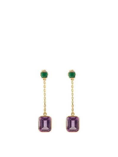 18K Gold Drop Chain Earrings With Emerald And Amethyst