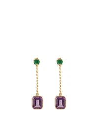 18K Gold Drop Chain Earrings With Emerald And Amethyst