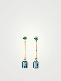 18K Gold Drop Chain Earrings With Emerald And Topaz