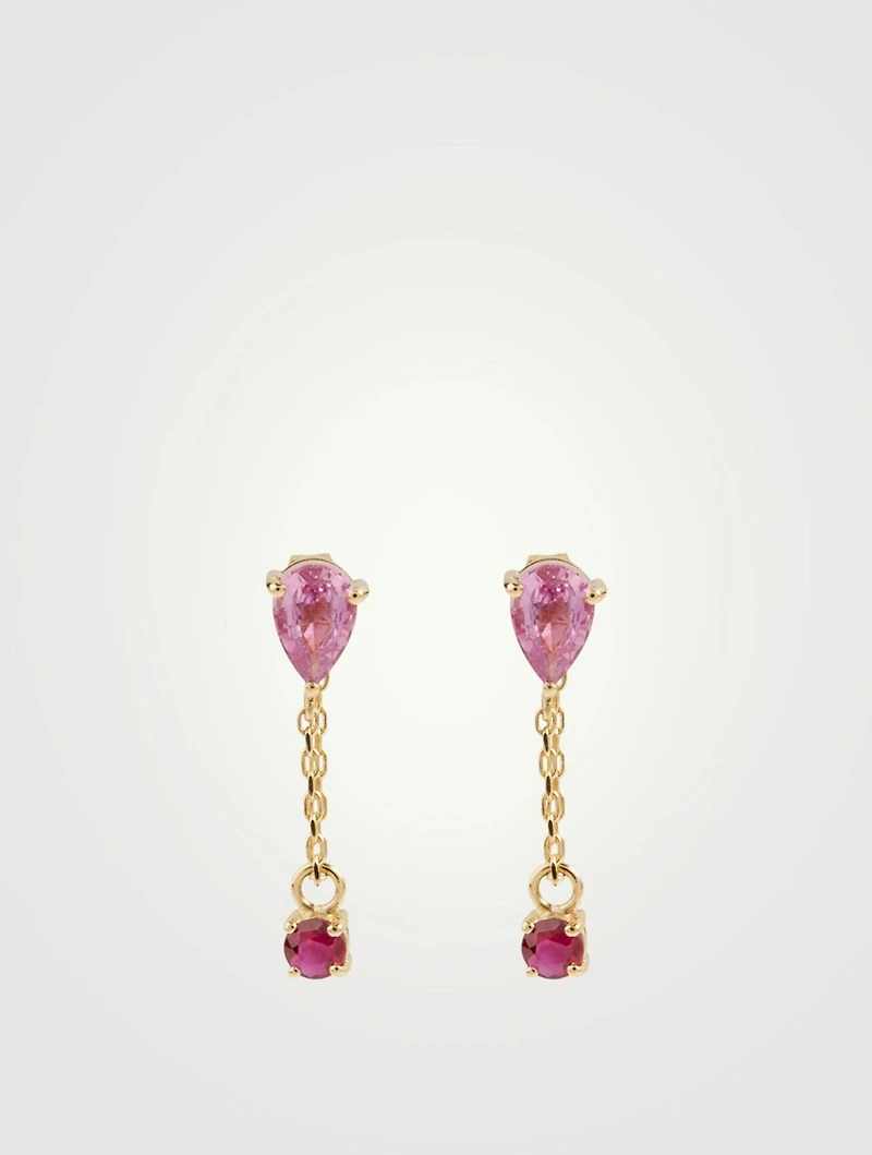 18K Gold Drop Chain Earrings With Pink Topaz And Ruby