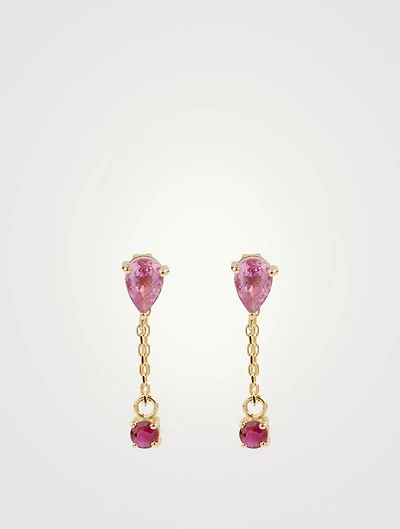 18K Gold Drop Chain Earrings With Pink Topaz And Ruby