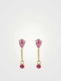 18K Gold Drop Chain Earrings With Pink Topaz And Ruby