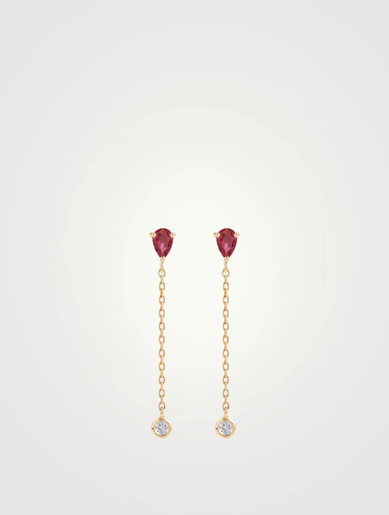 18K Gold Drop Chain Earrings With Ruby And Aquamarine