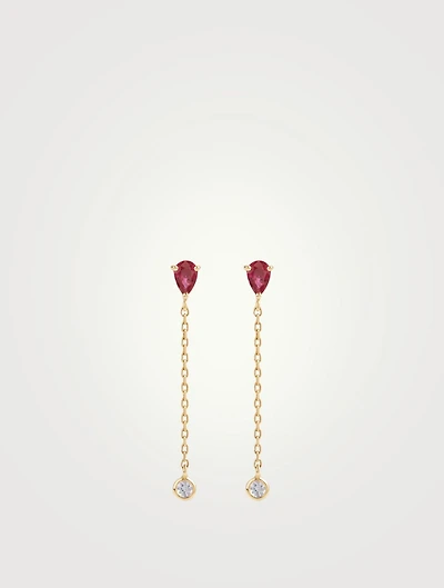 18K Gold Drop Chain Earrings With Ruby And Aquamarine