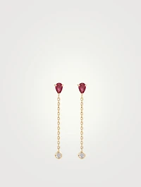 18K Gold Drop Chain Earrings With Ruby And Aquamarine