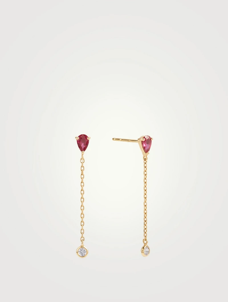18K Gold Drop Chain Earrings With Ruby And Aquamarine