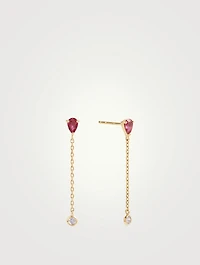 18K Gold Drop Chain Earrings With Ruby And Aquamarine