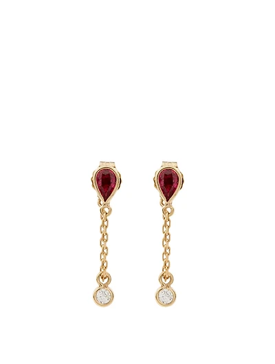 18K Gold Drop Chain Earrings With Rubies And Diamonds