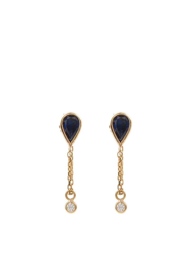 18K Gold Drop Chain Earrings With Sapphire And Diamonds