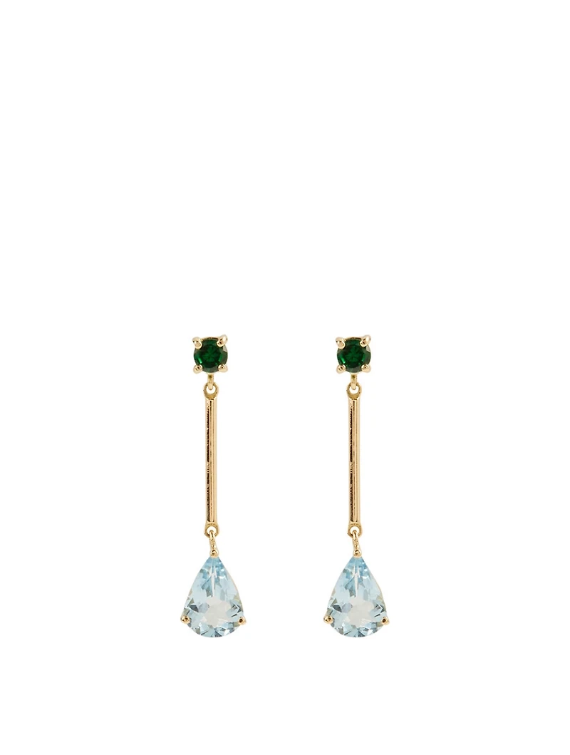 18K Gold Raindrop Earrings With Tsavorite And Aquamarine