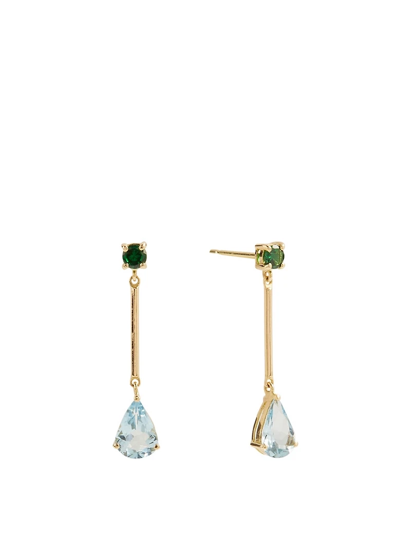 18K Gold Raindrop Earrings With Tsavorite And Aquamarine