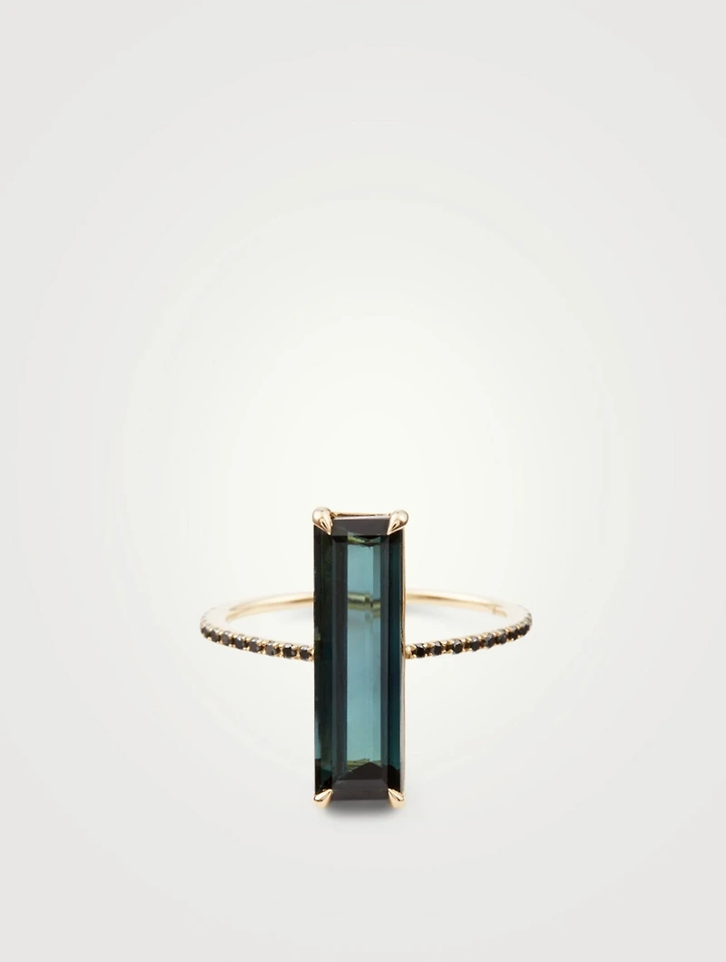 18K Gold Ring With Indicolite And Black Diamonds