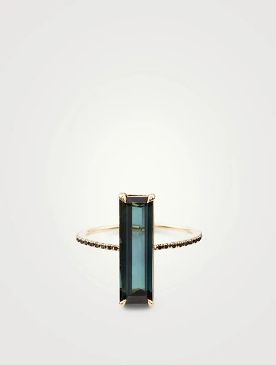18K Gold Ring With Indicolite And Black Diamonds