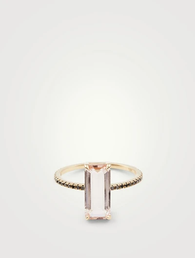 18K Gold Ring With Morganite And Black Diamonds