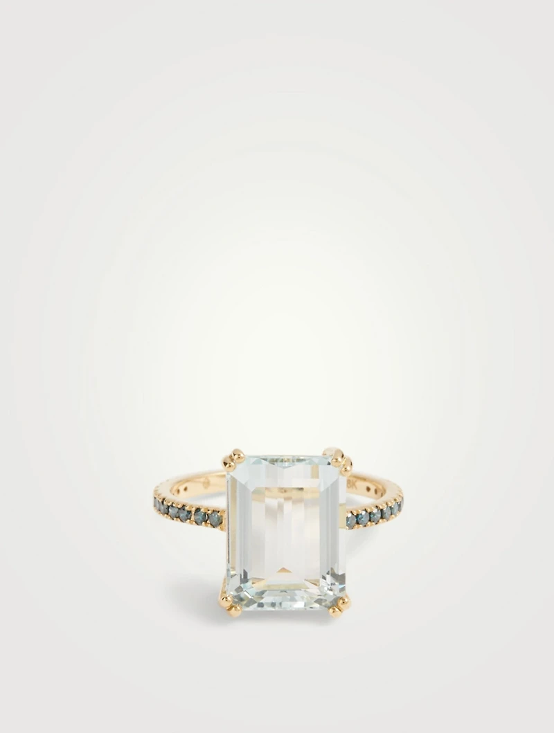 18K Gold Ring With Aquamarine And Blue Diamonds