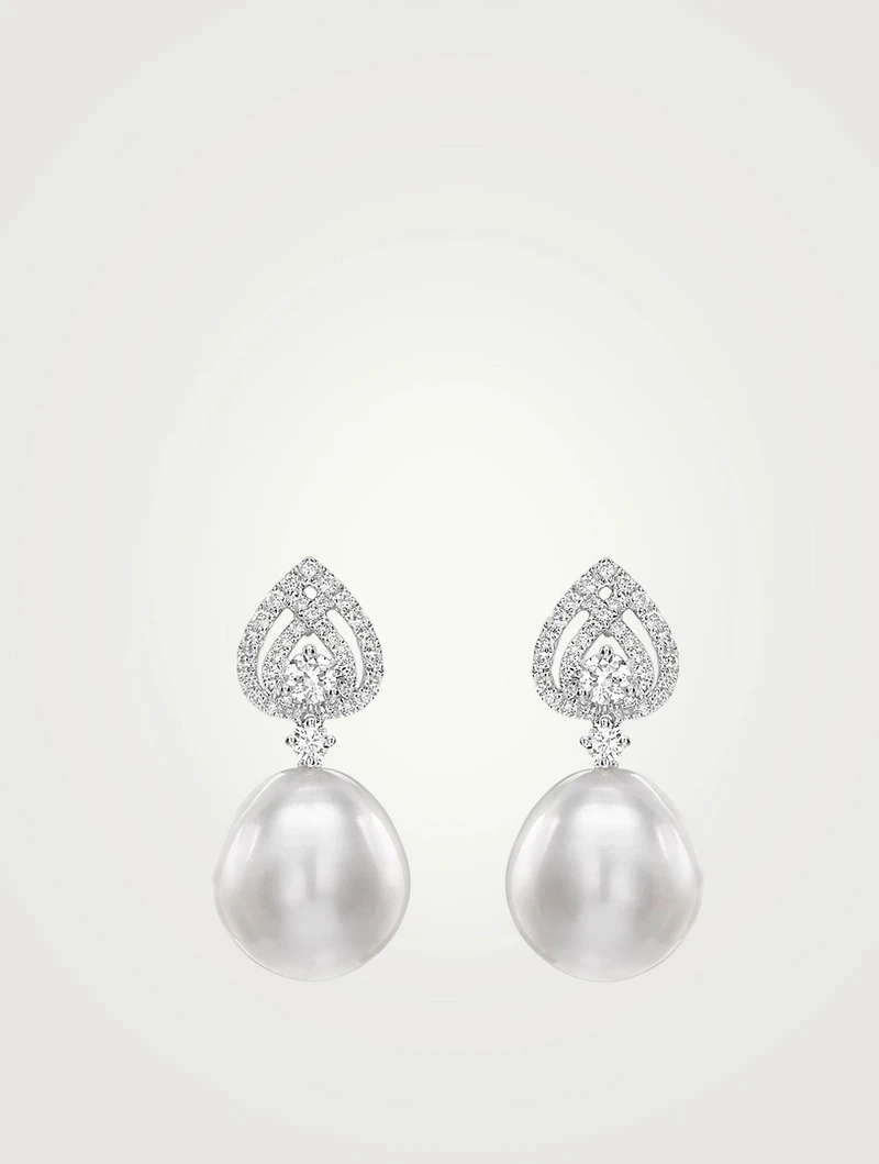 Lotus 18K White Gold Pearl Drop Earrings With Diamonds