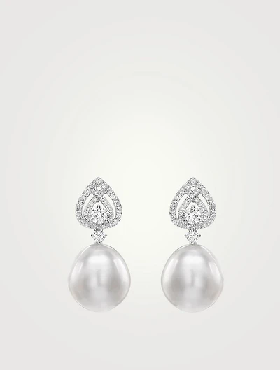 Lotus 18K White Gold Pearl Drop Earrings With Diamonds
